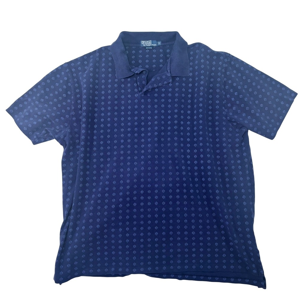 Polo by Ralph Lauren Patterned Men's  3XL BIG Navy Blue Cotton Polo Shirt Y2K
